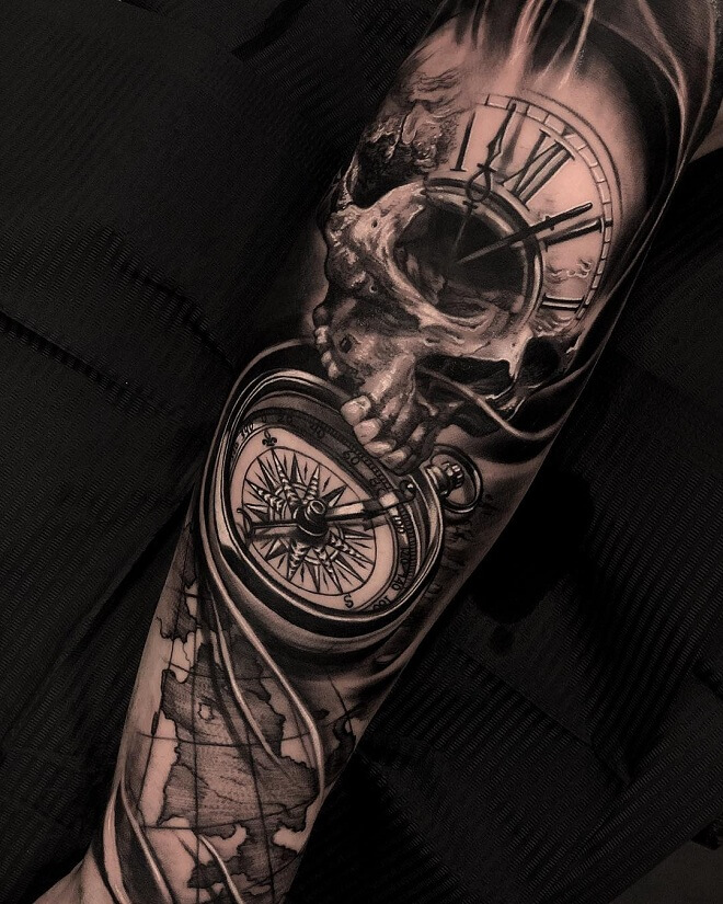 Compass Tattoo With Clock