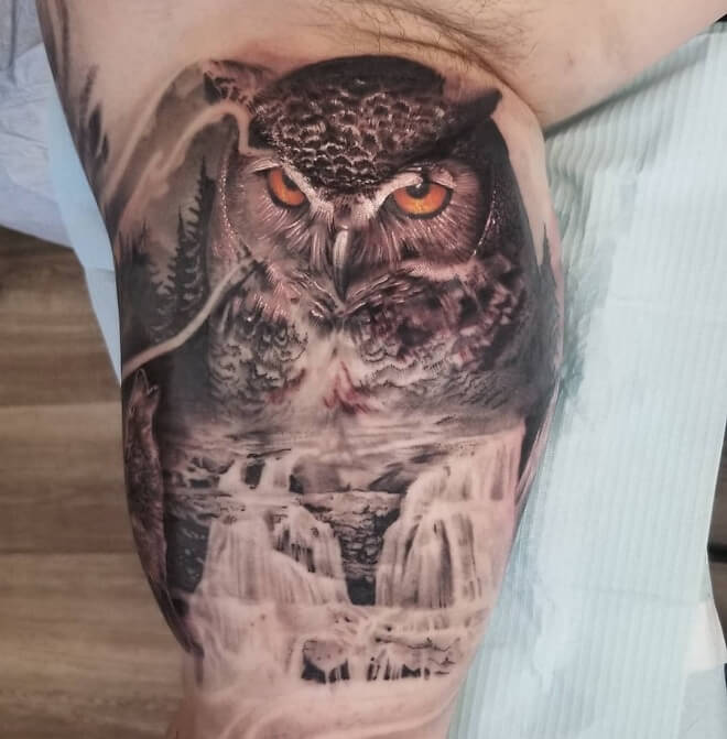 Owl with Waterfall Tattoo