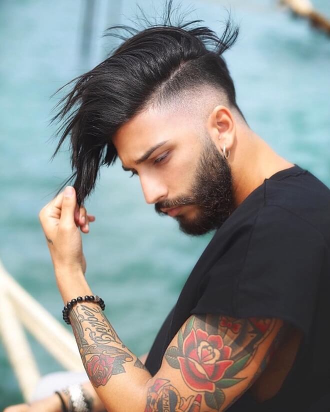 Temp Fade With Long Side Swept Hairstyle