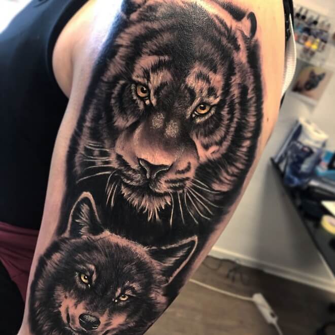 Tiger with Wolf Tattoo