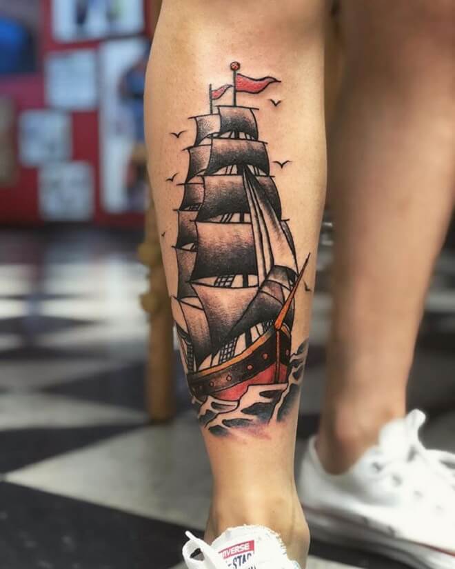 Ship Tattoo on Leg