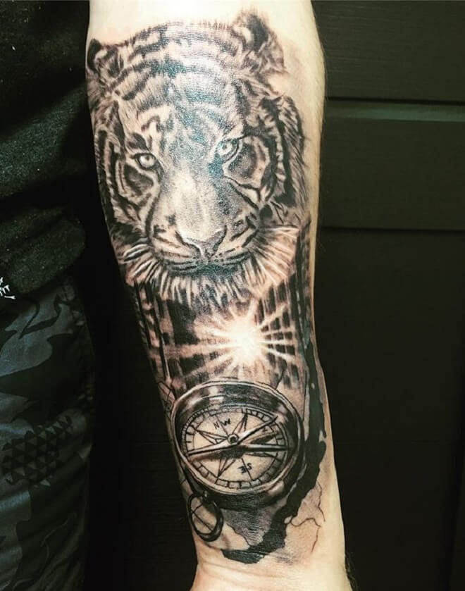 Tiger with Compass Tattoo